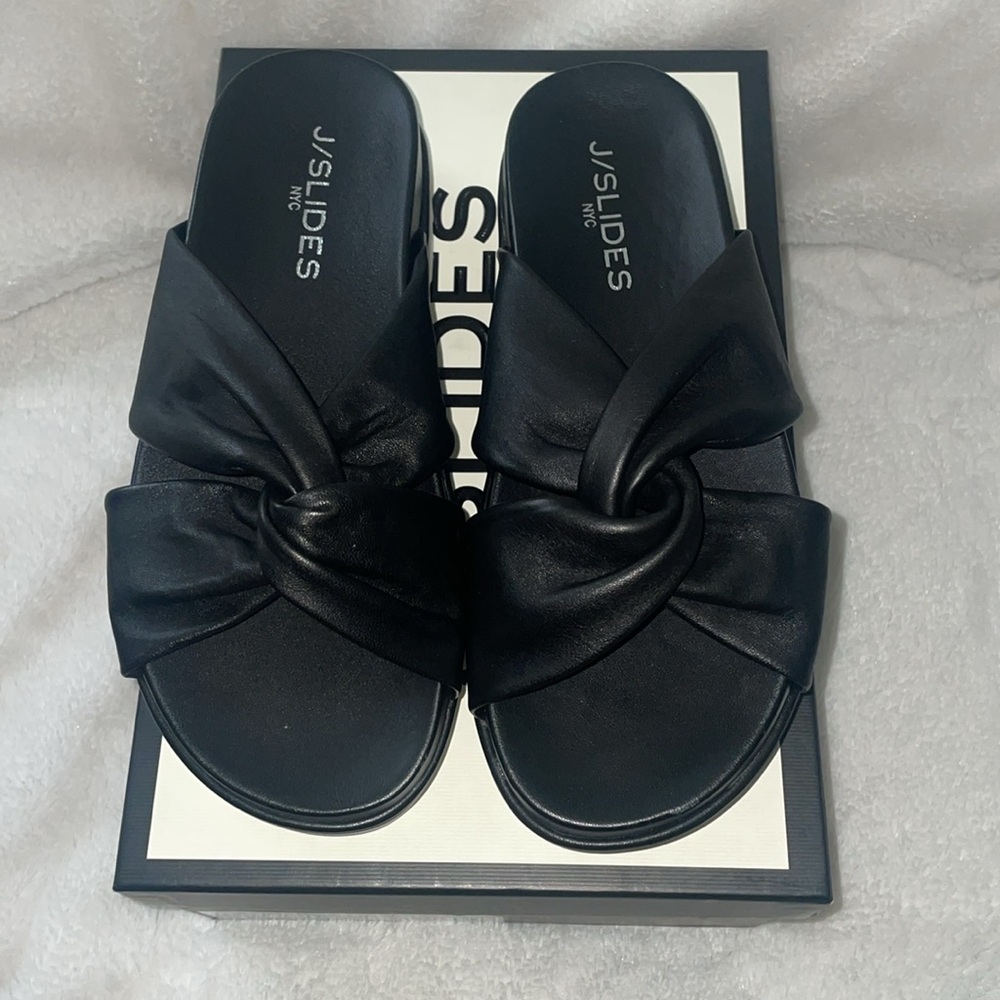 NWT J/SLIDES BRIGHT Black Leather Platform Slide Sandal - Picture 7 of 15